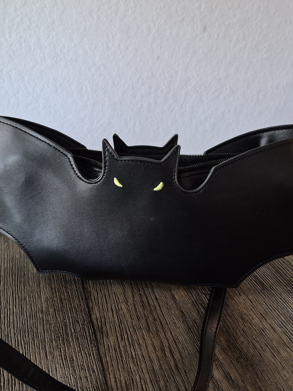 Black Bat Crossbody Bag – Halloween Novelty Purse, Neon Green Eyes